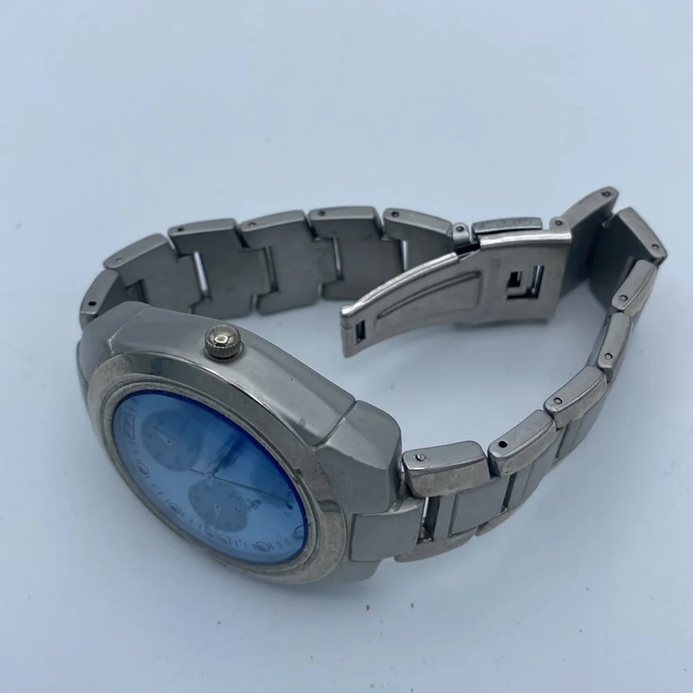Fondini Men wristwatch watch chrome color light blue face stainless steel